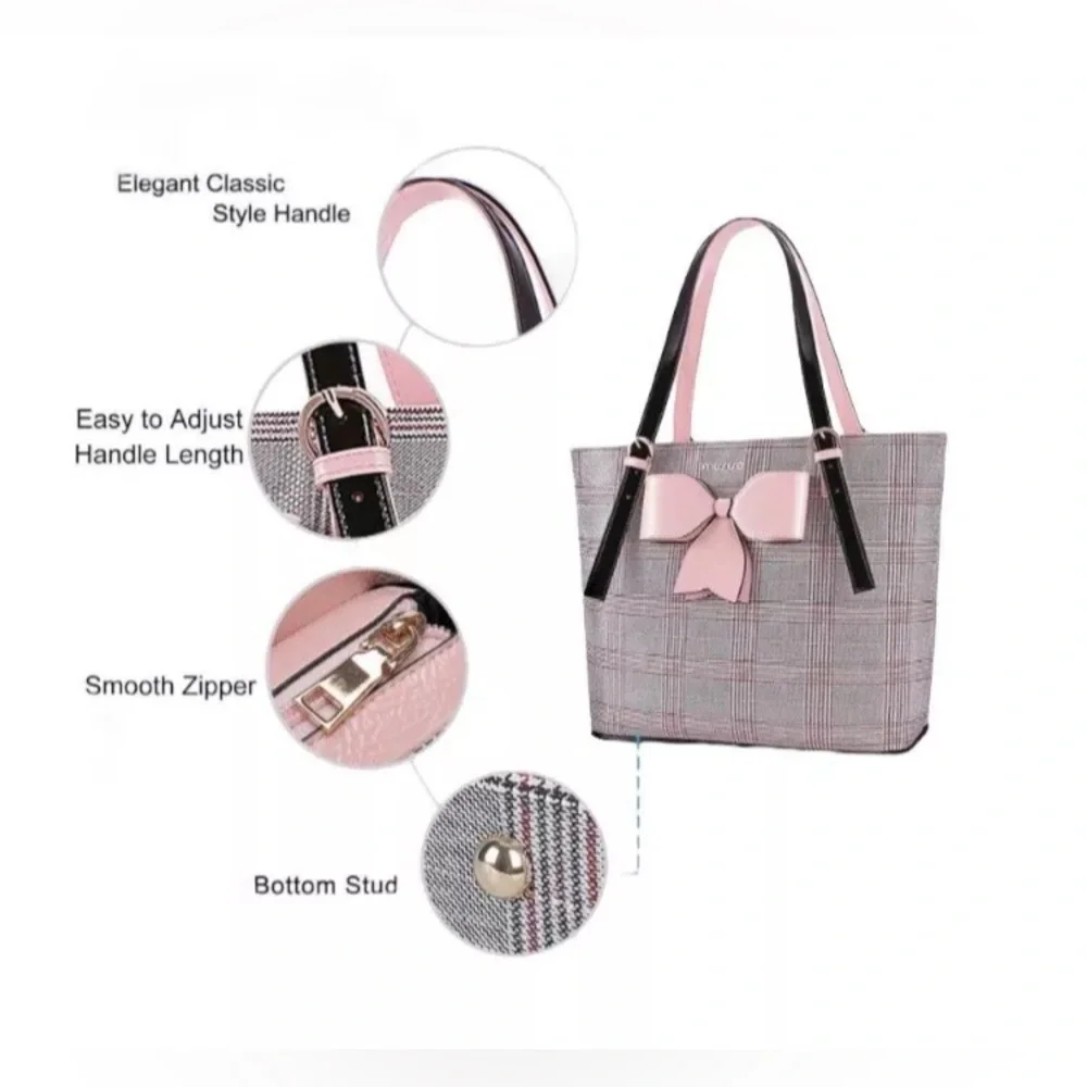 Plaid Tote Laptop Bag with Pale Pink Bow Accent
